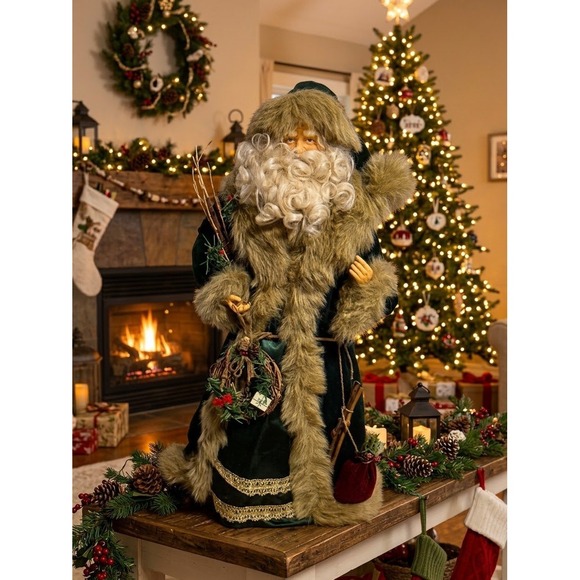 Unbranded Other - Vintage Old World Santa Father Christmas Woodland Green Coat Folk 25x14 Art